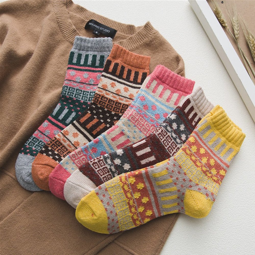 Womens 5 Pairs Vintage Style Thick Crew Socks - Picture 9 of 16